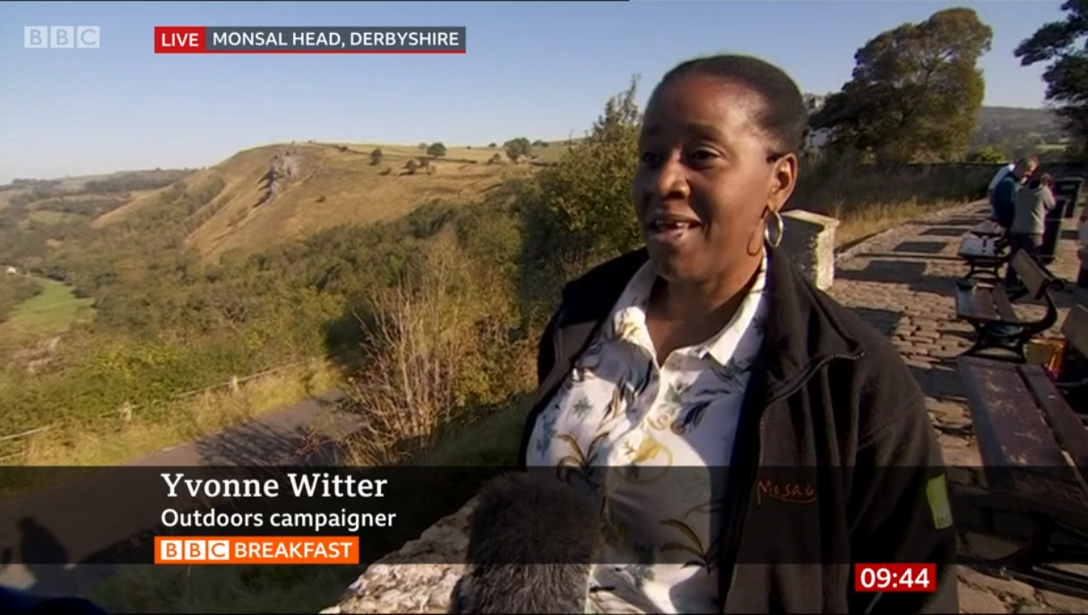 Outdoors campaigner Yvonne Witter interviewed by BBC News at Monsal Head
