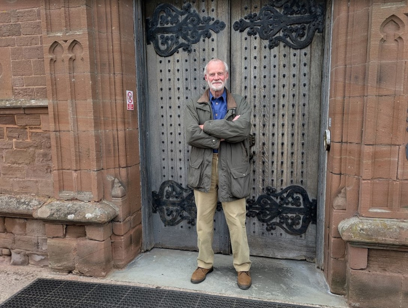 Richard Heffer at the doors of Waterhouse (Brockhampton Court) on 12 April 2025